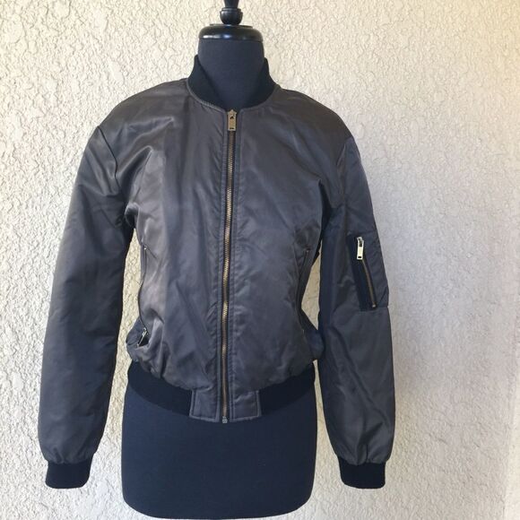 Zara Basic Olive Green Unisex Bomber Jacket Zip Pockets Sleeve Pocket Size Small - Picture 9 of 15